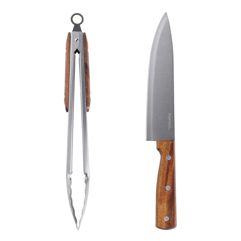 GENERICO - Set Parrillero Cuchillo + Tenazas Fontina Acero Mango Madera