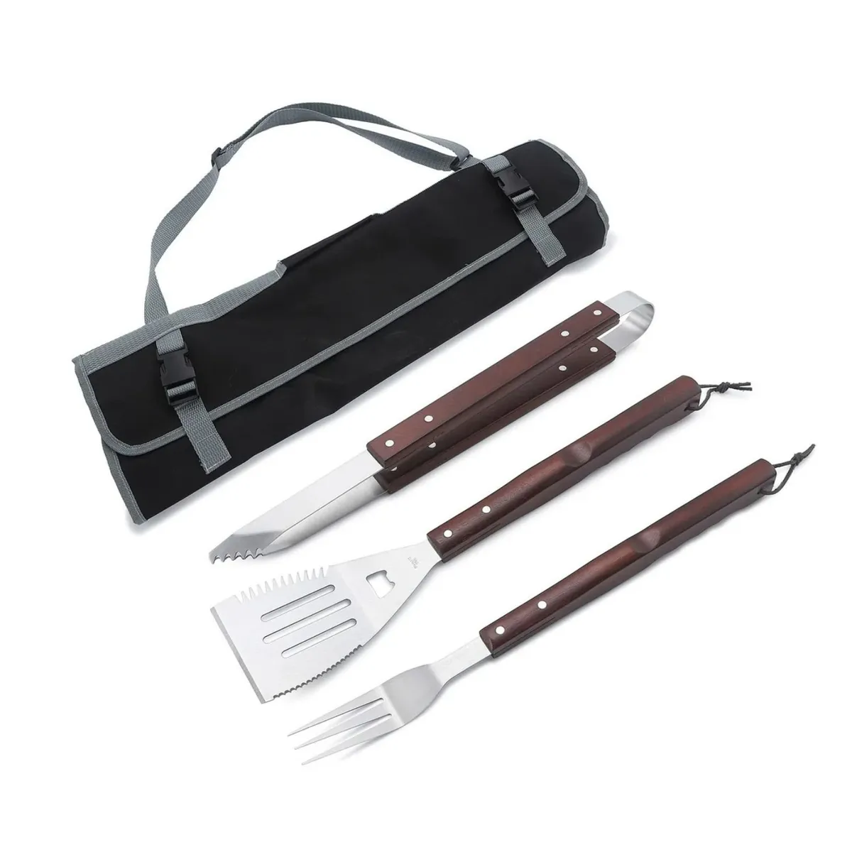 GENERICO - Set Parrillero 3 Piezas Espatula Horquilla Pinza Con Funda