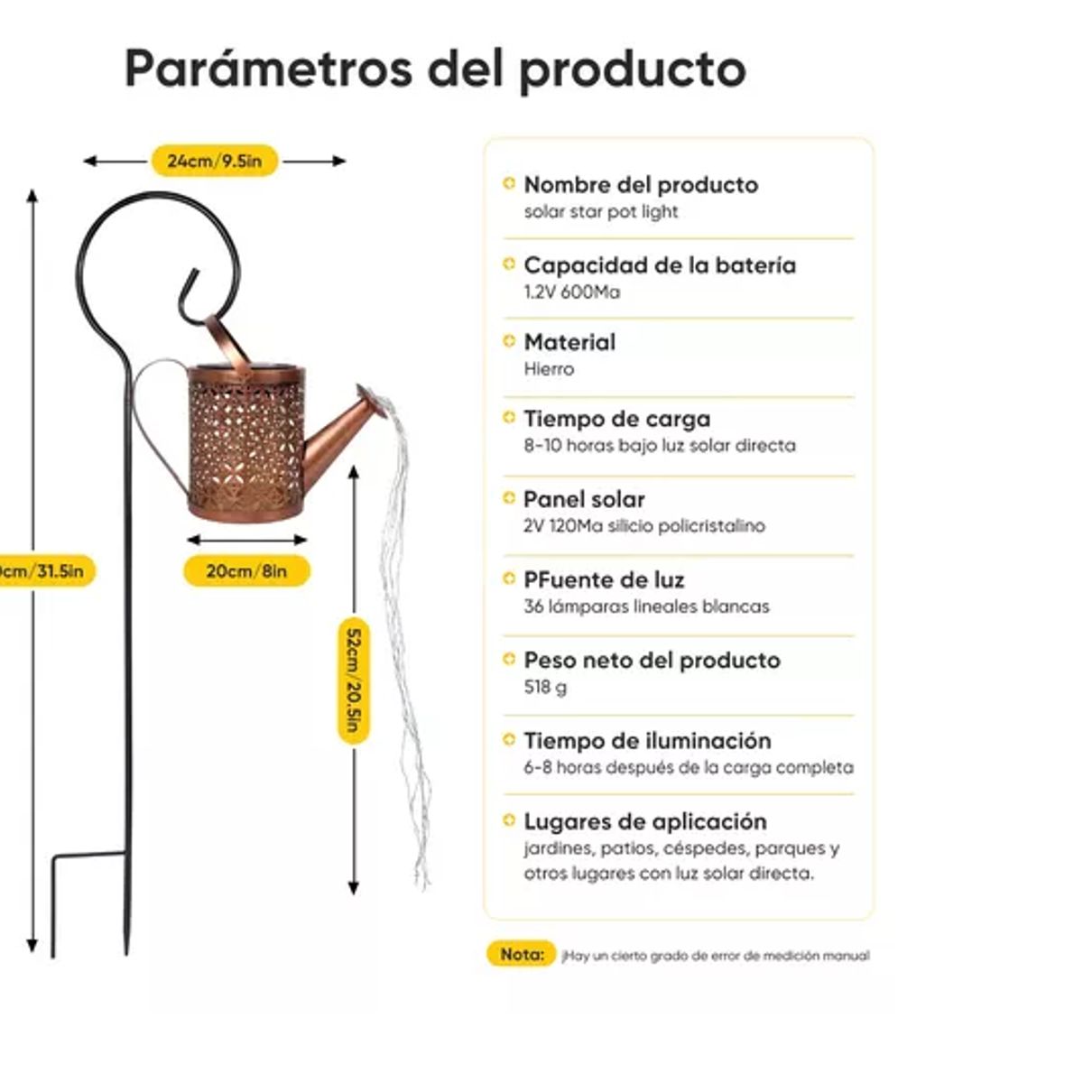 GENERICO - Regadera Solar Hueca Agua Led Impermeable
