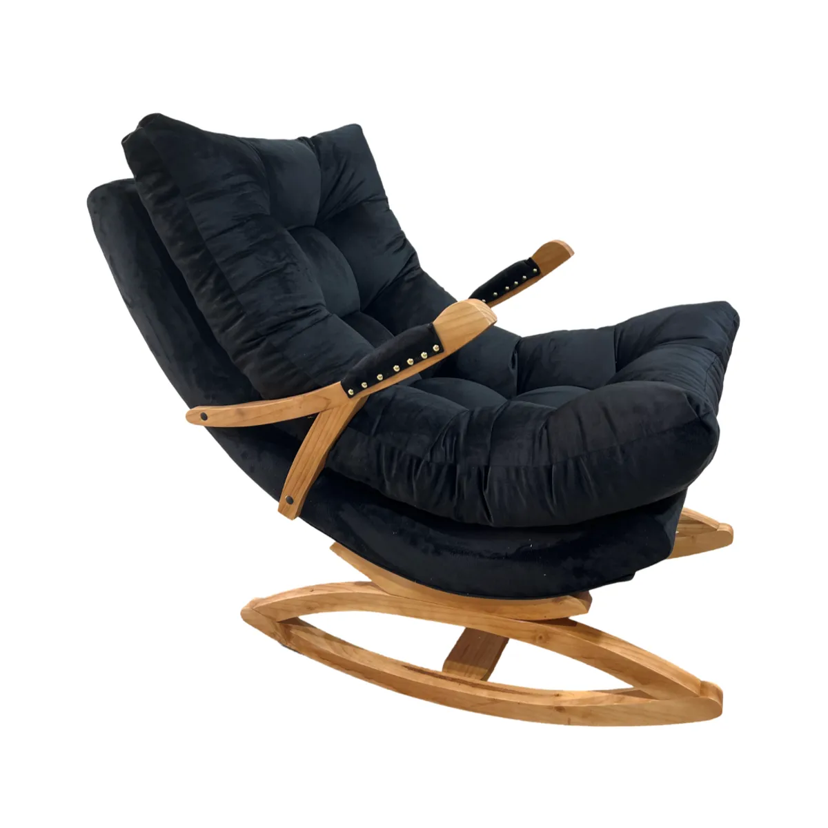 MUEBLES NEW - SILLA MECEDORA COQUETTE CON APOYA BRAZO NEGRO FELPA.