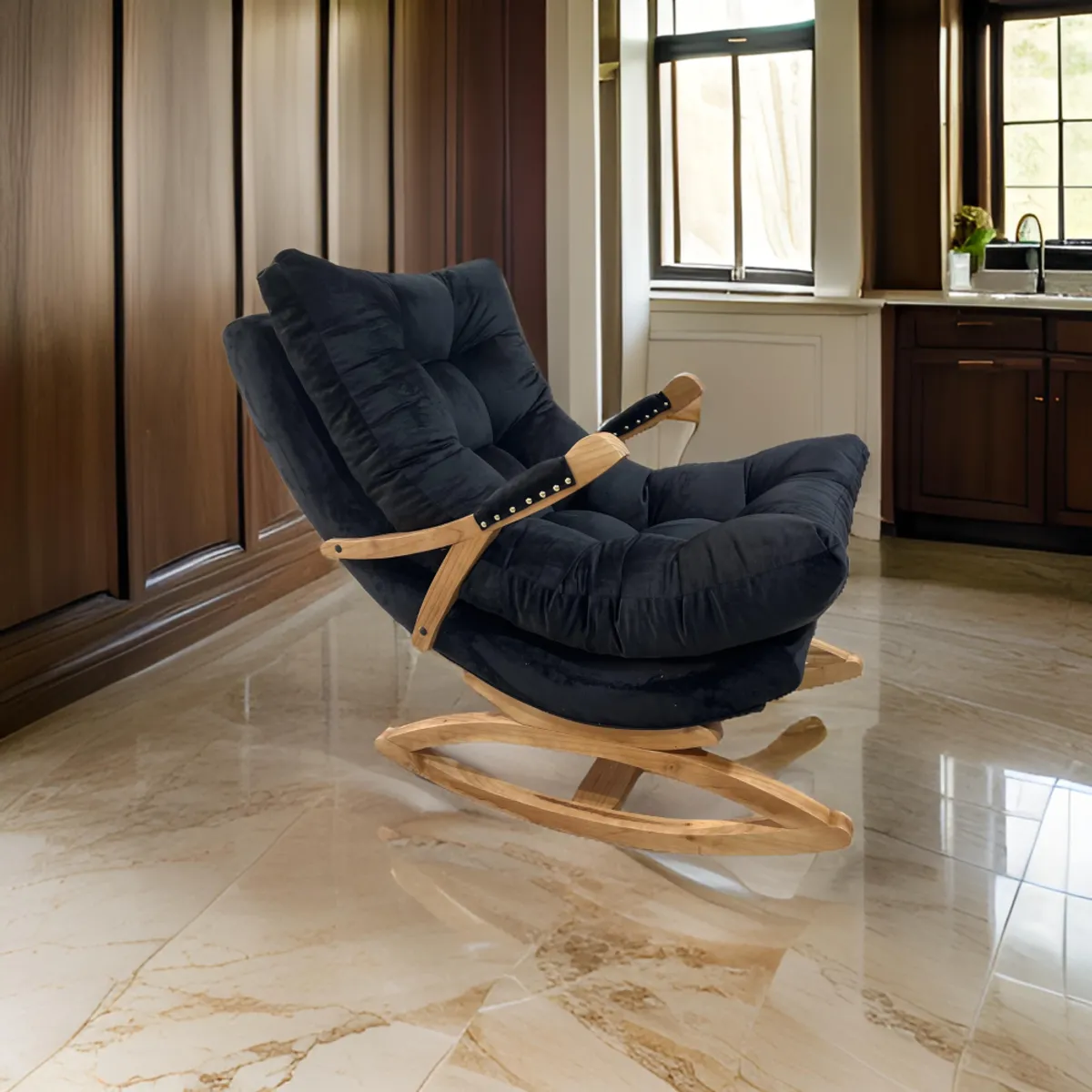 MUEBLES NEW - SILLA MECEDORA COQUETTE CON APOYA BRAZO NEGRO FELPA.