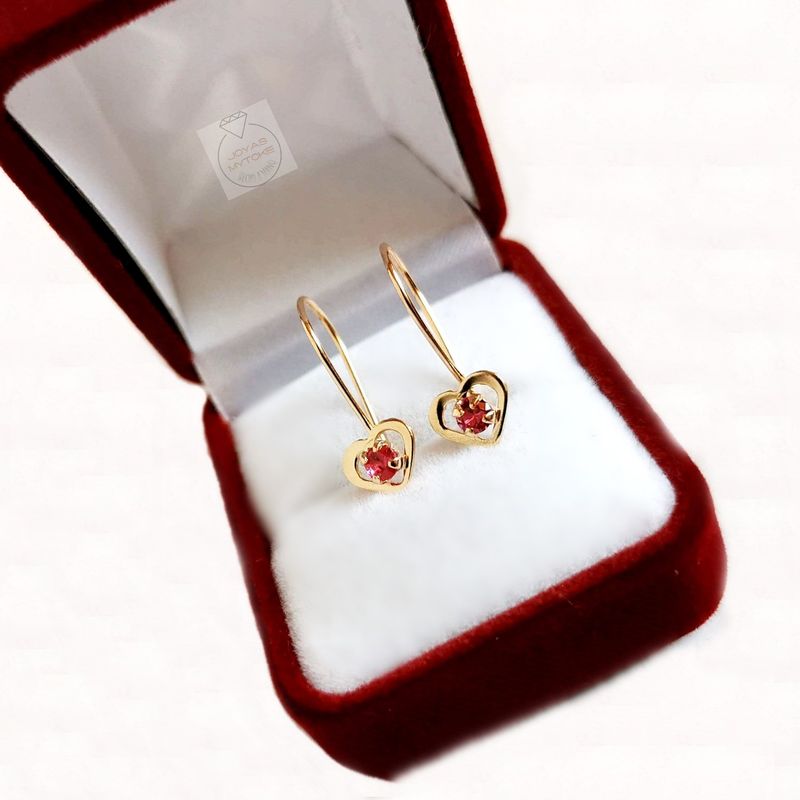 JOYAS MYTOKE - Aros Corazon Rubi Oro 18 Kilates Con Gancho Mujer Amor