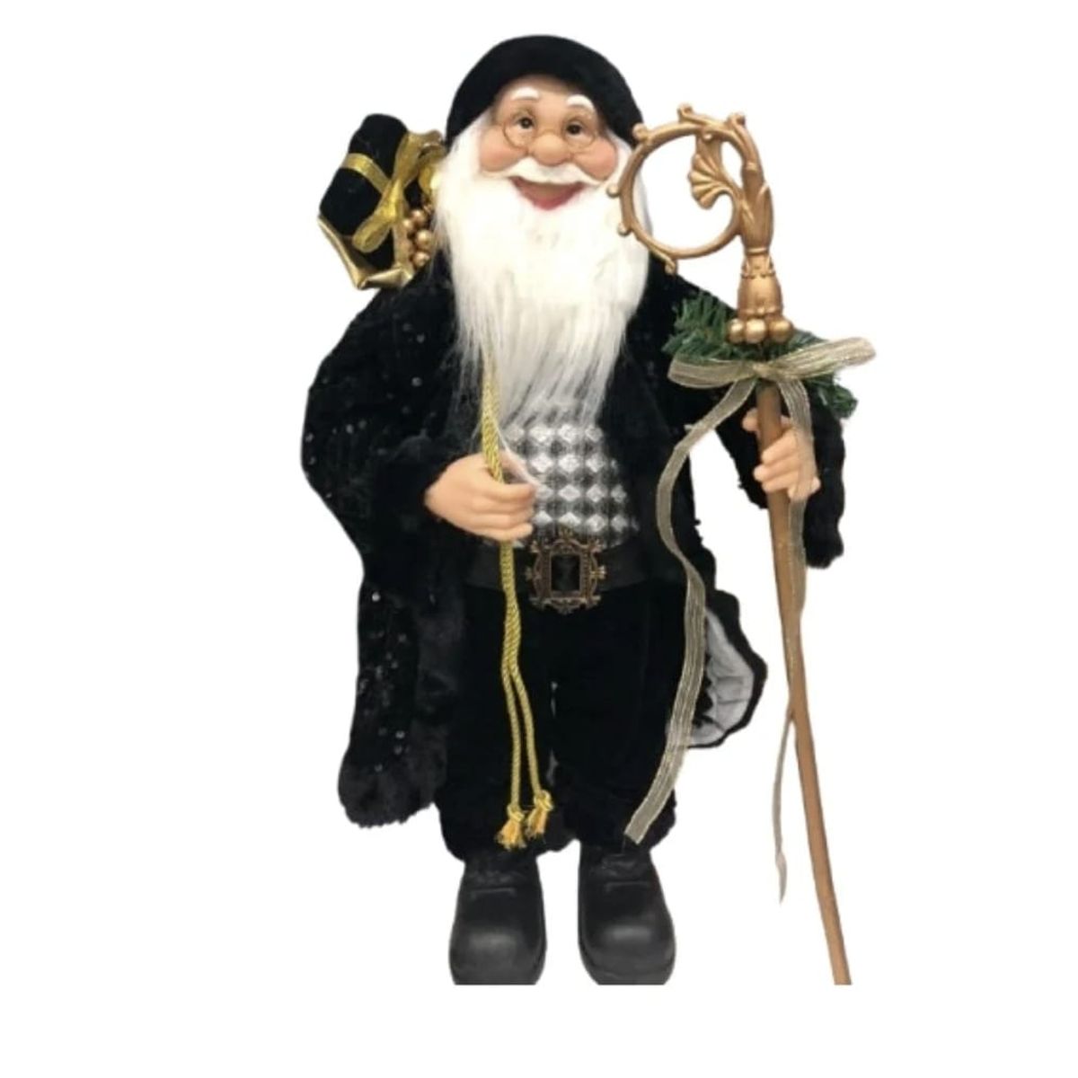 GENERICO - Muñeco Viejo Pascuero Navidad Traje Negro Bastón Dorado 60 cm