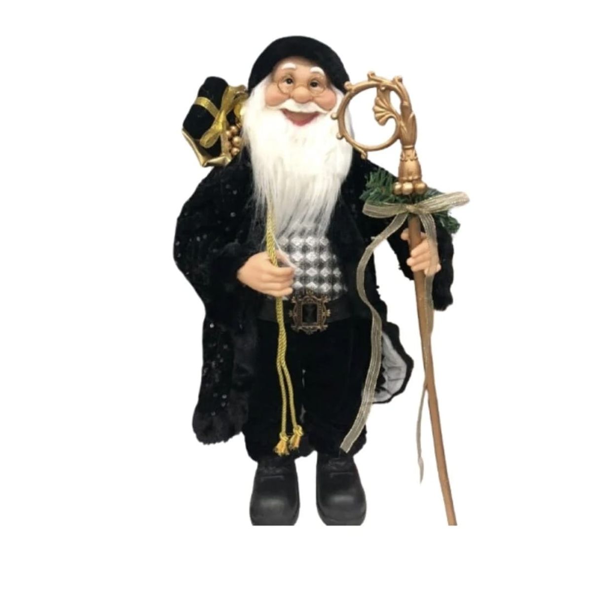 GENERICO - Muñeco Viejo Pascuero Navidad Traje Negro Bastón Dorado 60 cm
