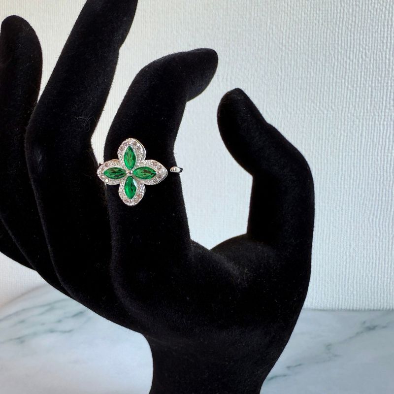 GENERICO - Anillo Flor Esmeralda Ajustable Plata Fina Ley 925 Circones Mujer