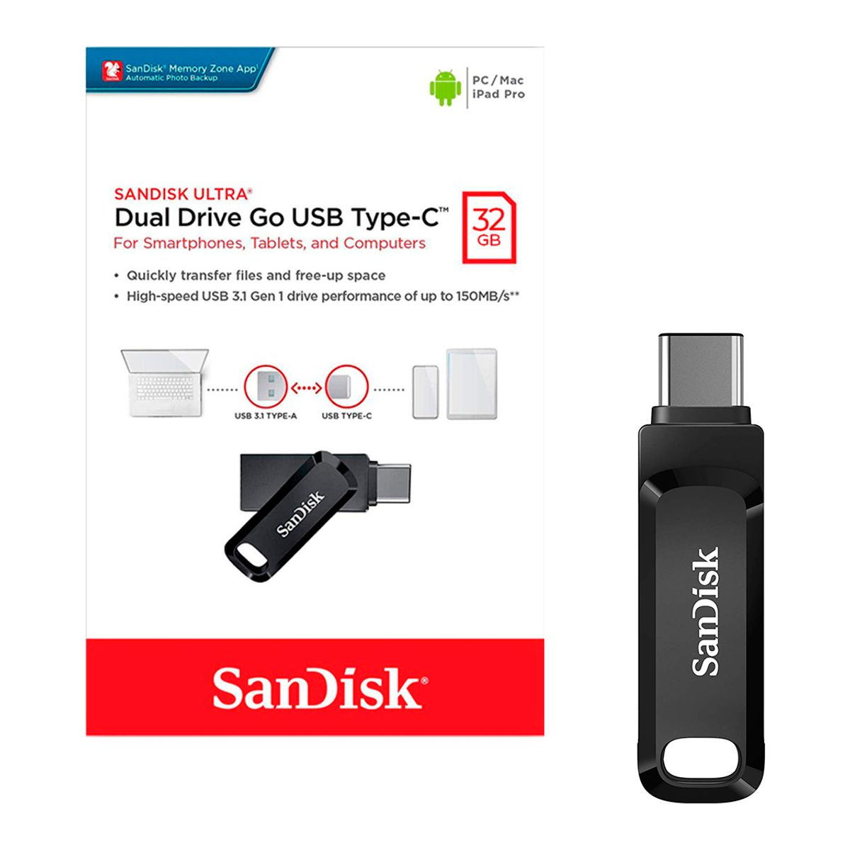 SANDISK - Pendrive SanDisk USB 3.2 32GB Ultra Dual Drive Go 2 en 1