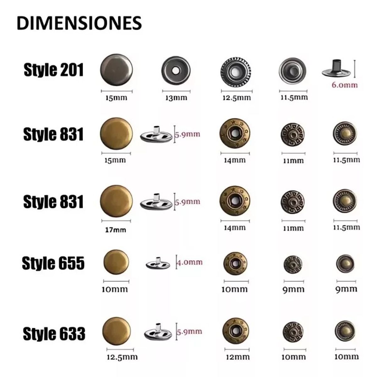 KUANGYE - 100 Botón Metal Broche Remache Presión Snap 10mm A 17mm