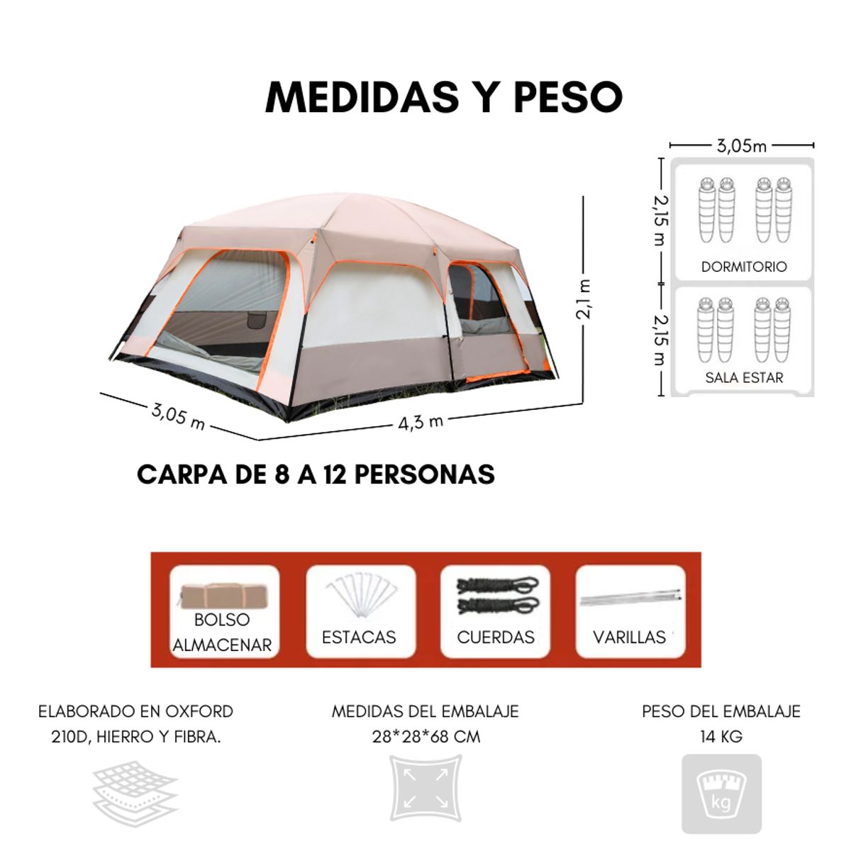 GENERICO - Carpa Camping Tienda Familiar 8 A 12 Personas Impermeable