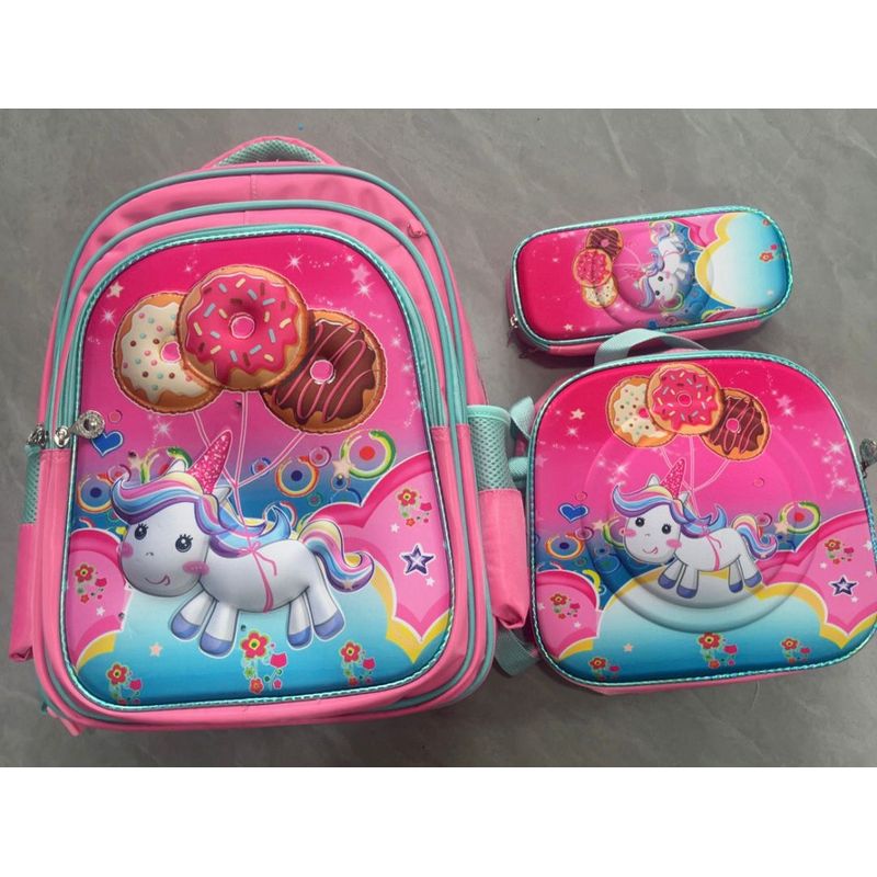 GENERICO - MOCHILA ESCOLAR 3D CON RUEDAS SILICONA Y LUCES 3 PIEZAS ROSA UNICORNIO