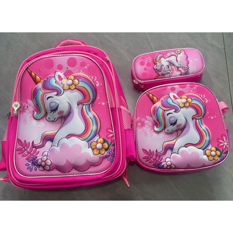 GENERICO - MOCHILA ESCOLAR 3D CON RUEDAS SILICONA Y LUCES 3 PIEZAS UNICORNIO