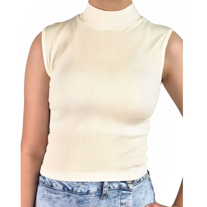 MPROPIA - Top Acanalado Mujer Polera Sin Manga Cuello Alto Fashion 1001