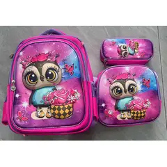 GENERICO - MOCHILA ESCOLAR 3D CON RUEDAS SILICONA Y LUCES 3 PIEZAS BUHO ROSA