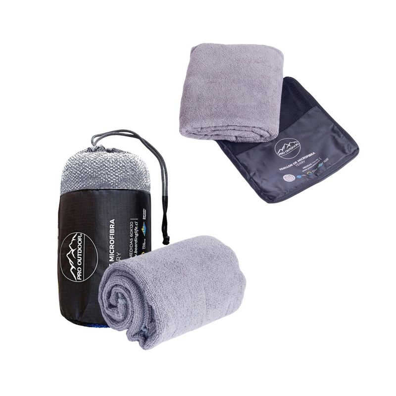 PRO OUTDOOR - Pack Toallon y Toalla Microfibra Terry Gris