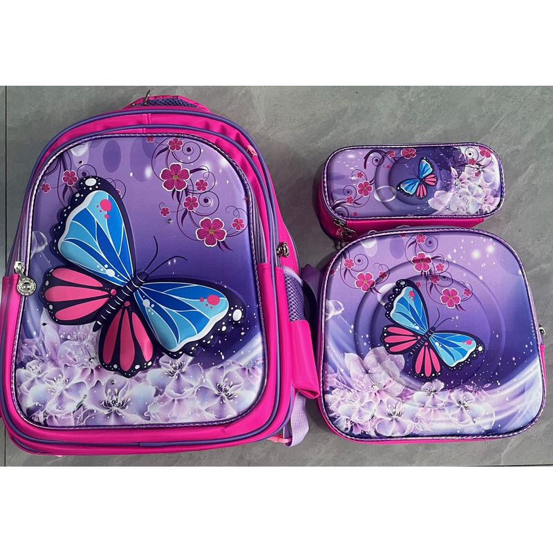 GENERICO - MOCHILA ESCOLAR 3D MARIPOSA LILA CON RUEDAS Y LUCES 3 PIEZAS
