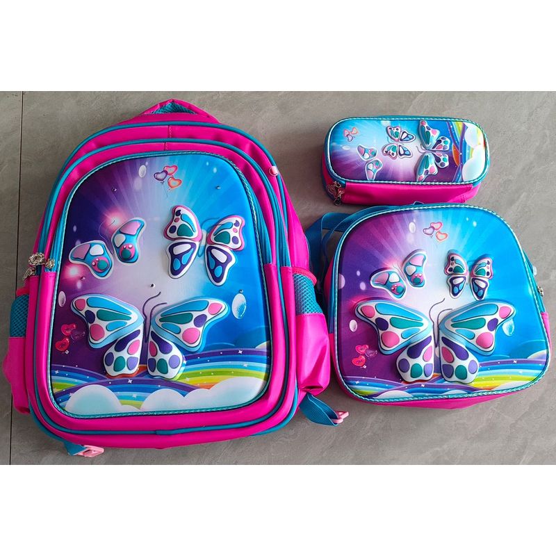 GENERICO - MOCHILA ESCOLAR 3D MARIPOSAS CON RUEDAS Y LUCES 3 PIEZAS