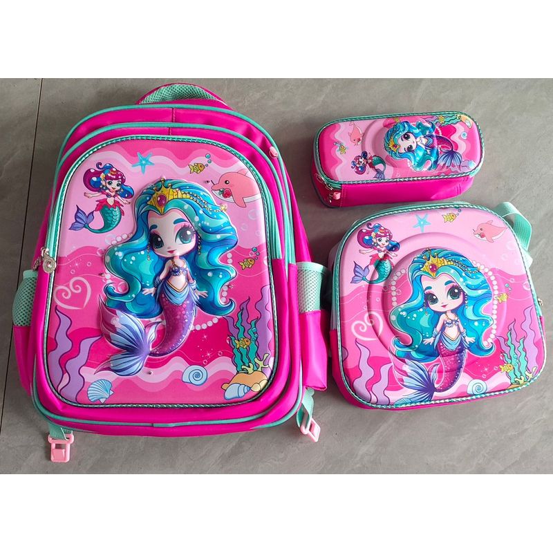 GENERICO - MOCHILA ESCOLAR 3D SIRENA CON RUEDAS Y LUCES 3 PIEZAS
