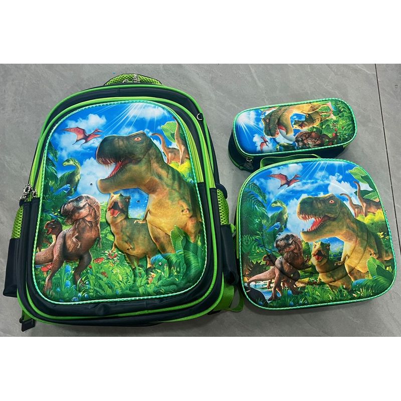 GENERICO - MOCHILA ESCOLAR 3D DINOSAURIOS CON RUEDAS Y LUCES 3 PIEZAS