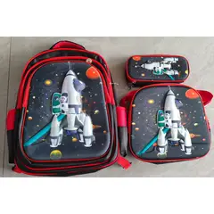 GENERICO - MOCHILA ESCOLAR 3D COHETE CON RUEDAS Y LUCES 3 PIEZAS