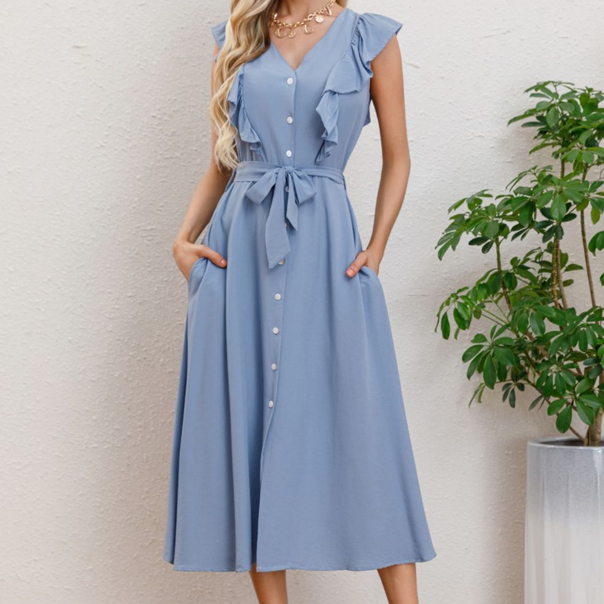 LIKE SHOP - Vestido Largo Primavera Mujer Semi Formal Casual Botones 339