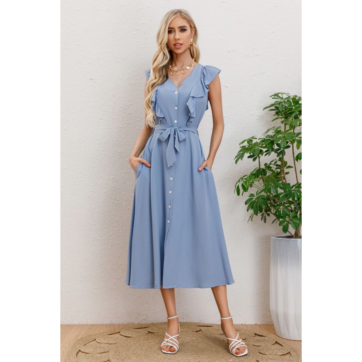 LIKE SHOP - Vestido Largo Primavera Mujer Semi Formal Casual Botones 339