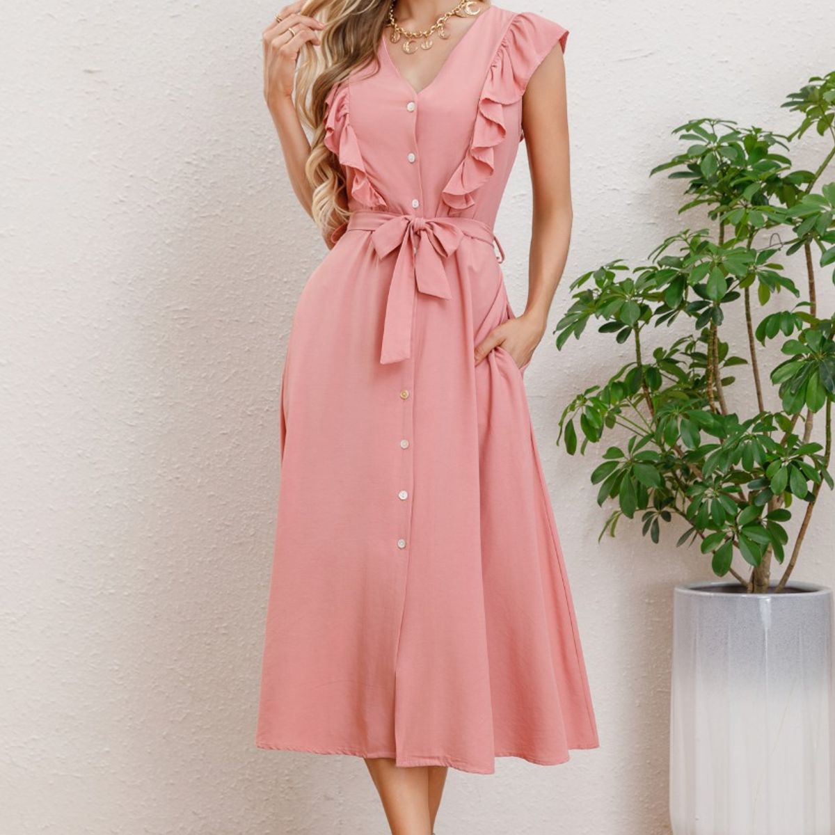LIKE SHOP - Vestido Largo Primavera Mujer Semi Formal Casual Botones 339