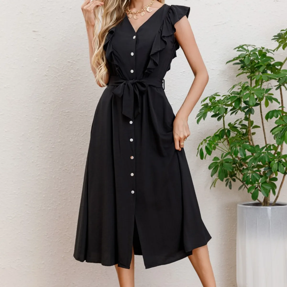 LIKE SHOP - Vestido Largo Primavera Mujer Semi Formal Casual Botones 339