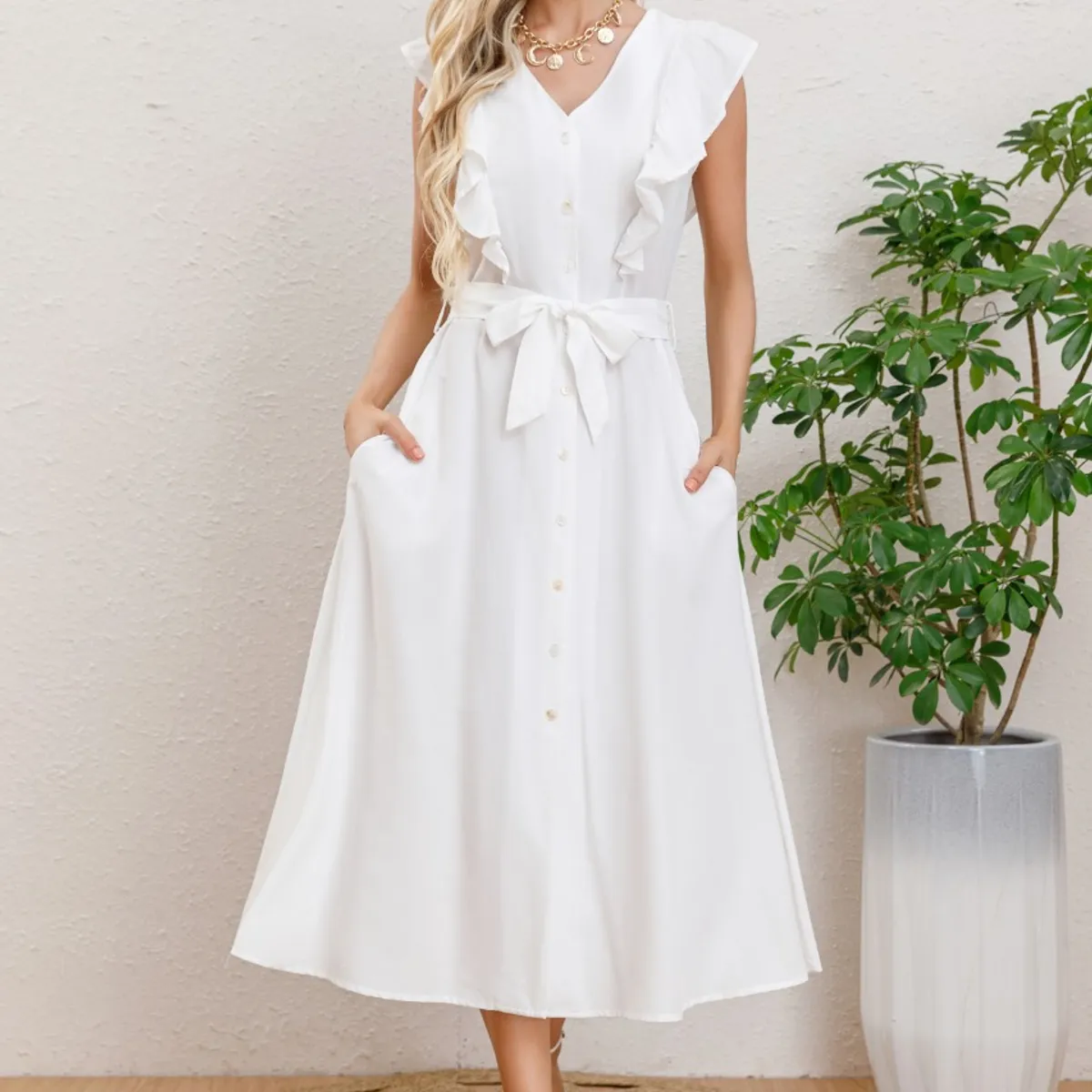 LIKE SHOP - Vestido Largo Primavera Mujer Semi Formal Casual Botones 339