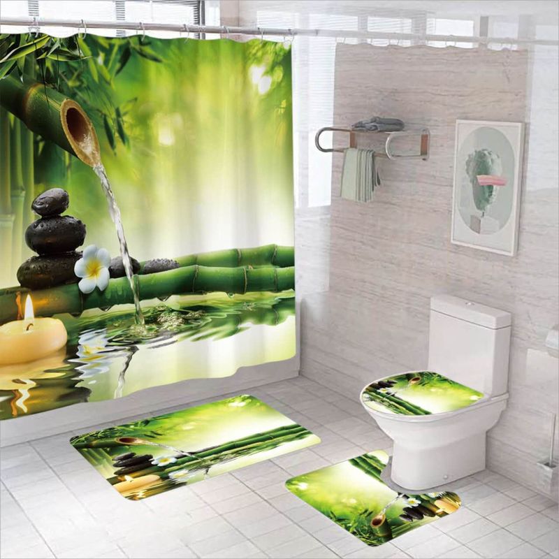 GENERICO - SET DE BAÑO IMPERMEABLE 4 PIEZAS CON DISEÑO BAMBOO TF