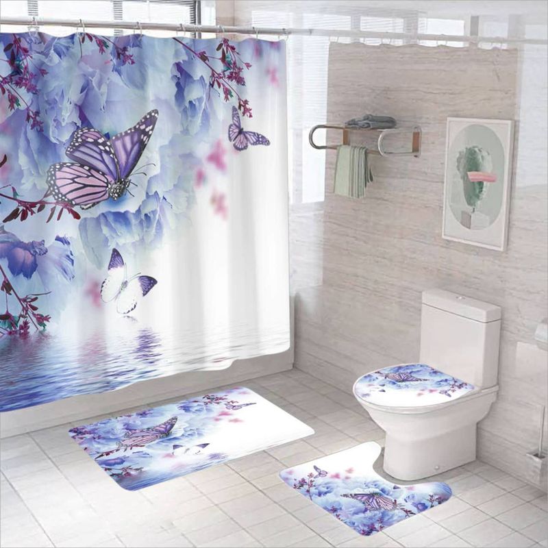 GENERICO - SET DE BAÑO IMPERMEABLE 4 PIEZAS CON DISEÑO MARIPOSAS LILA TF