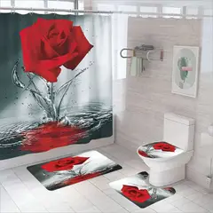 GENERICO - SET DE BAÑO IMPERMEABLE 4 PIEZAS CON DISEÑO ROSA ROJA TF