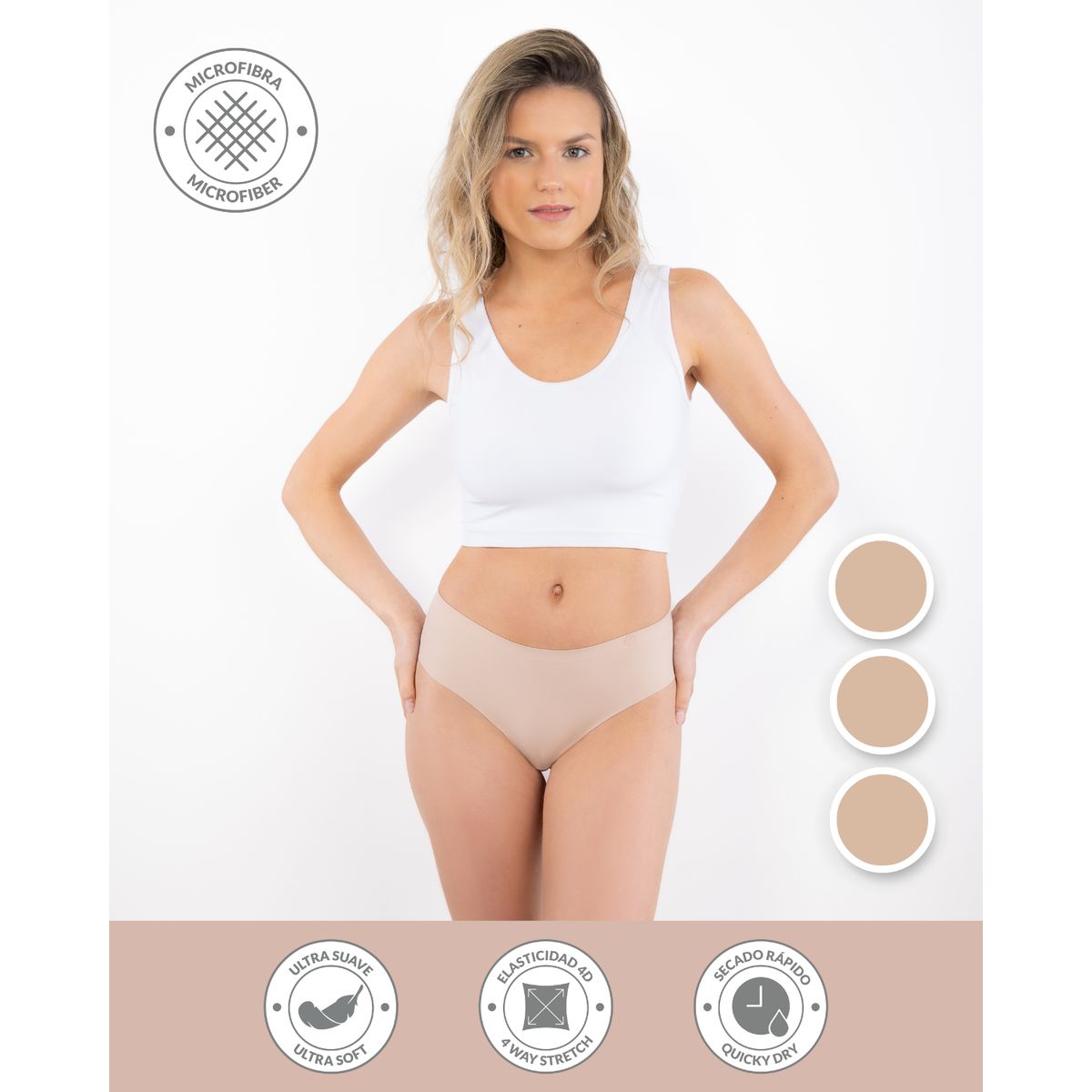 UNICA LINGERIE - CALZÓN PACK 3 PANTALETA CULOTTE MICROFIBRA SIN DEMARCACIÓN BEIGE