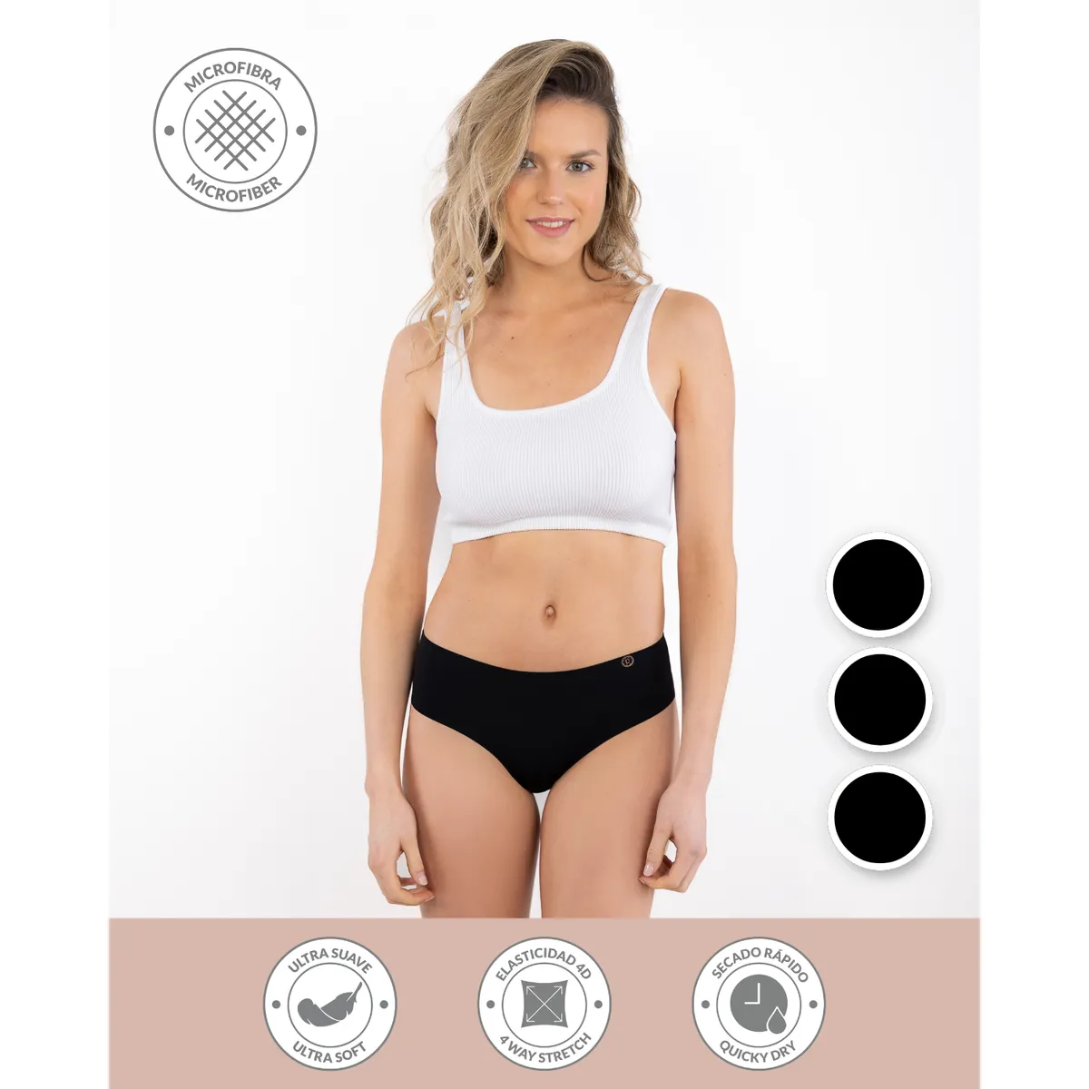 UNICA LINGERIE - CALZÓN PACK 3 PANTALETA CULOTTE MICROFIBRA SIN DEMARCACIÓN NEGRO