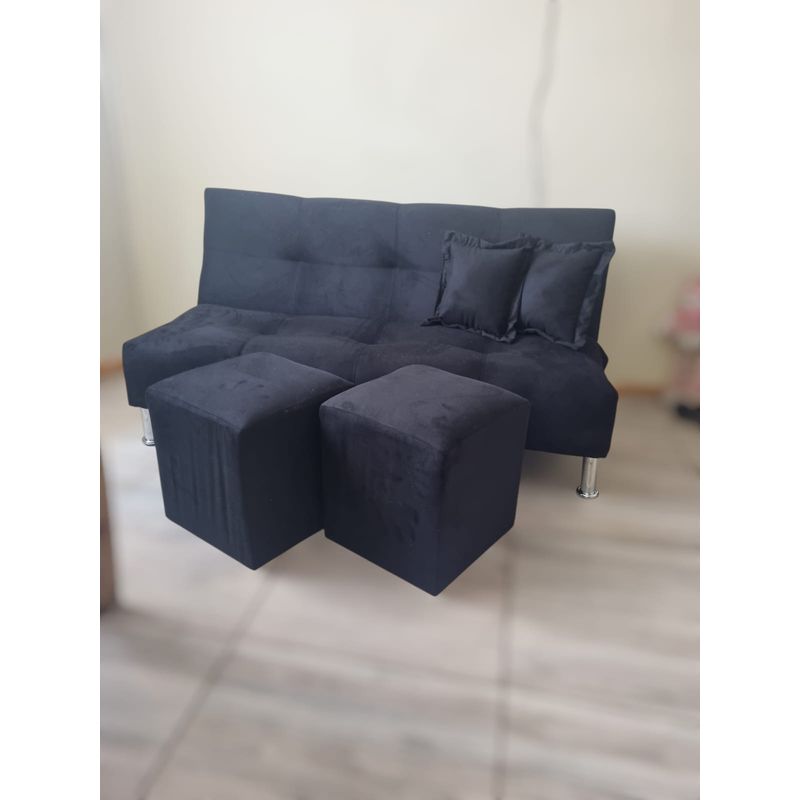 GENERICO - Sofa futon con 2 puff y 2 cojines negro felpa