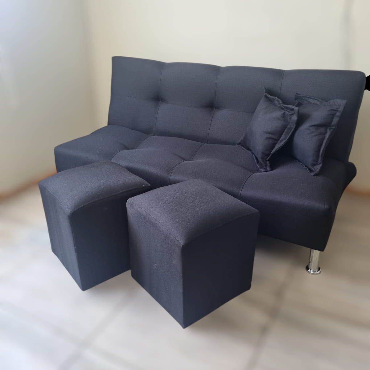 GENERICO - Sofa cama futon 2 cuerpos Negro Lino - incluye puff y cojines