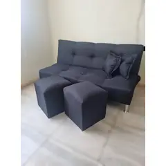 GENERICO - Sofa cama futon 2 cuerpos Negro Lino - incluye puff y cojines