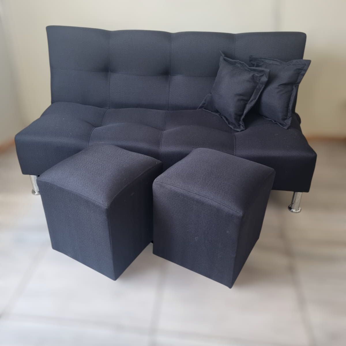 GENERICO - Sofa cama futon 2 cuerpos Negro Lino - incluye puff y cojines