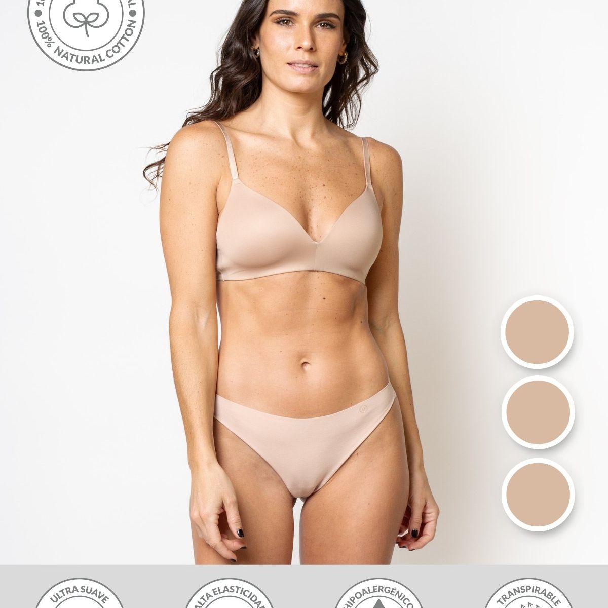 UNICA LINGERIE - CALZÓN PACK 3 COLALESS EN ALGODÓN SIN DEMARCACIÓN BEIGE