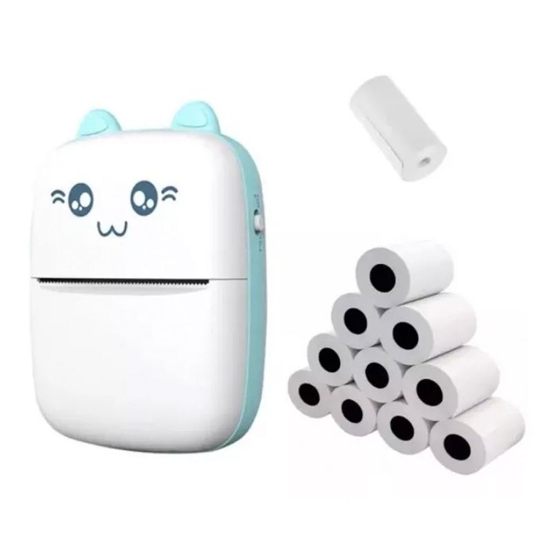 GENERICO - Mini Impresora Térmica Portátil Bluetooth Gatito + 11 Rollos celeste