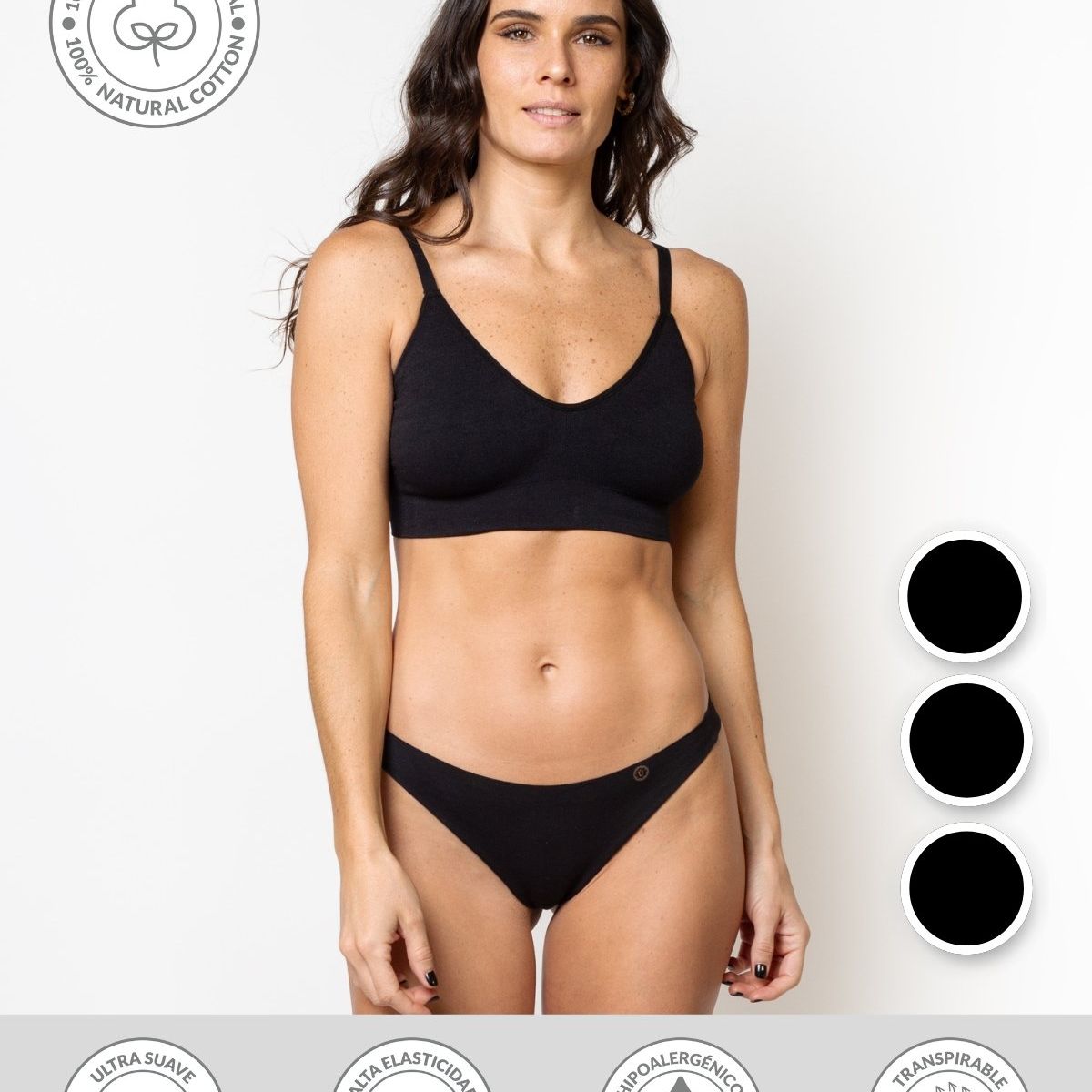 UNICA LINGERIE - CALZÓN PACK 3 COLALESS EN ALGODÓN SIN DEMARCACIÓN NEGRO