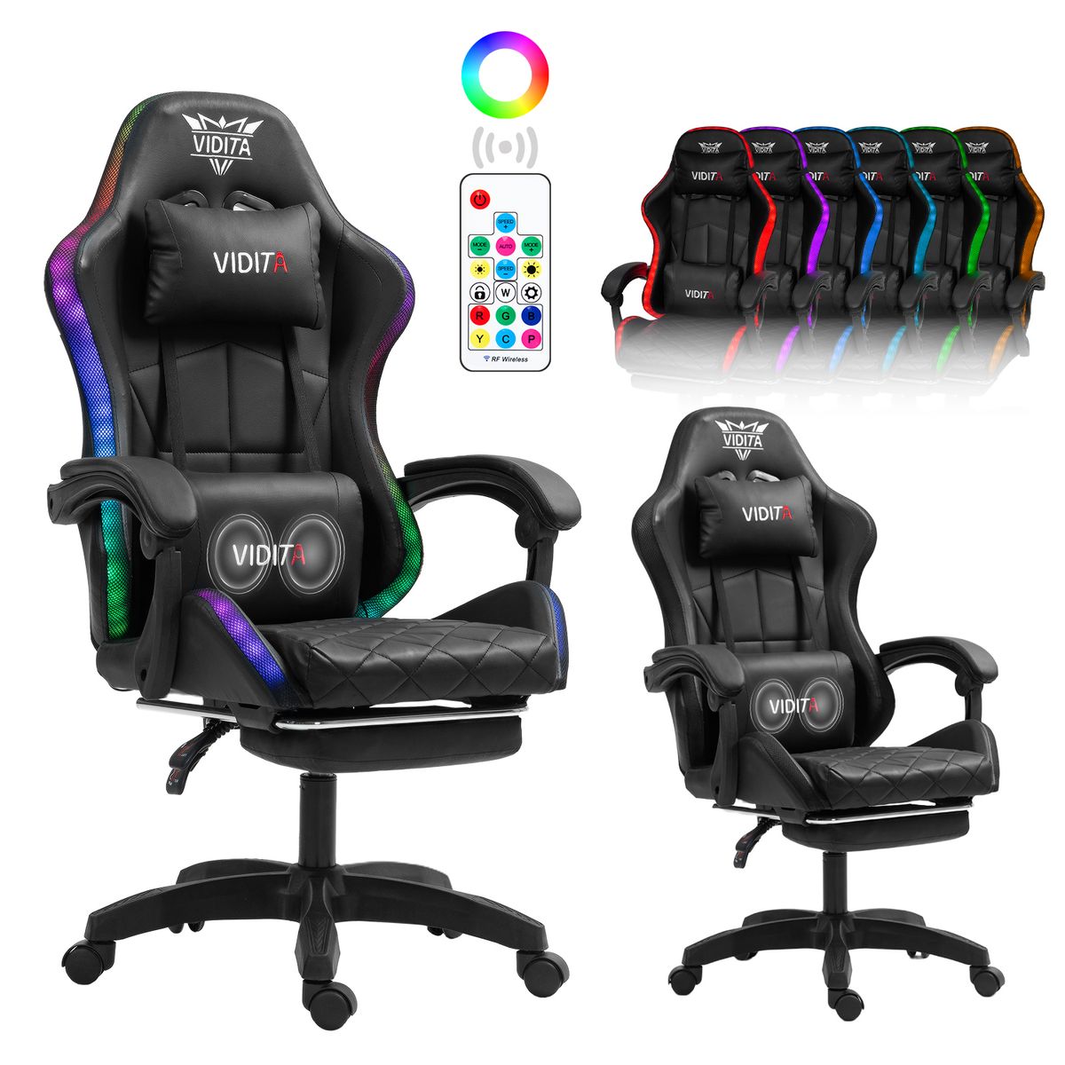 VIDITA - Silla Gamer RGB K-night Reclinable Con Masajeasdor Reposapiés Negra