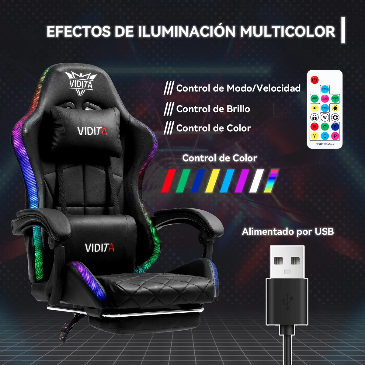 VIDITA - Silla Gamer RGB K-night Reclinable Con Masajeasdor Reposapiés Negra
