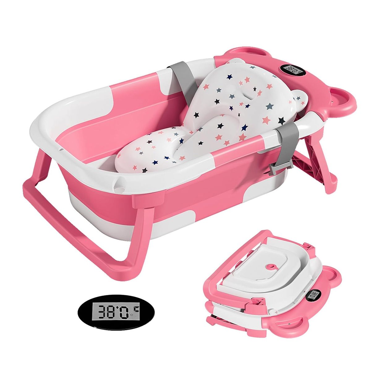 VIDITA - Bañera Tina Baño Bebe Plegable Portátil Con Cojín Termometro Rosa