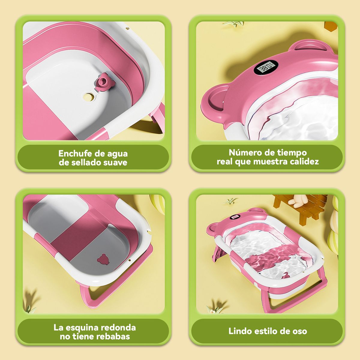 VIDITA - Bañera Tina Baño Bebe Plegable Portátil Con Cojín Termometro Rosa