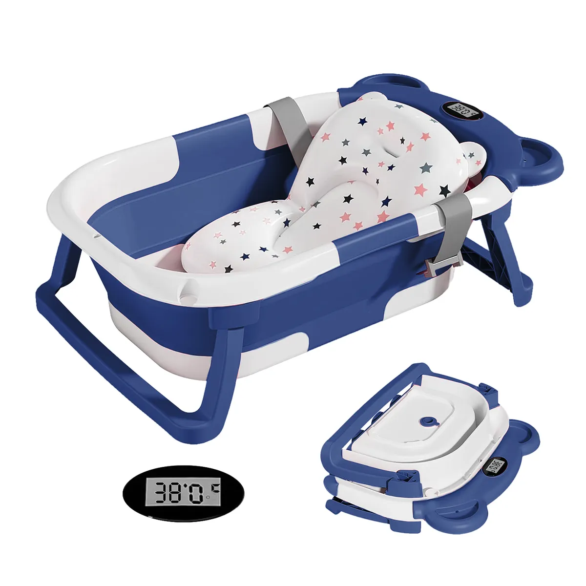 VIDITA - Bañera Tina Baño Bebe Plegable Portátil Con Cojín Termometro Azul