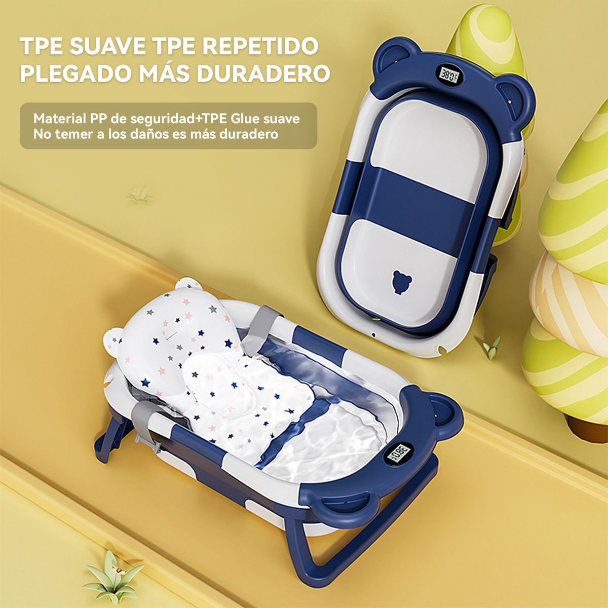 VIDITA - Bañera Tina Baño Bebe Plegable Portátil Con Cojín Termometro Azul