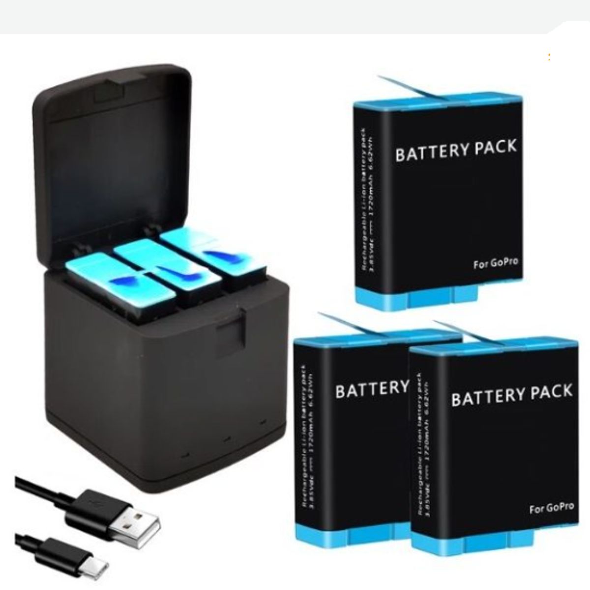 GENERICO - KIT CARGADOR TRIPLE + 3 BATERÍAS GOPRO 9, 10, 11, 12 ALTERNATIVA
