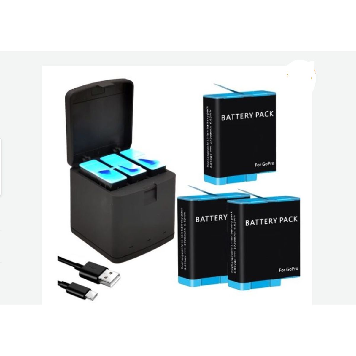 GENERICO - KIT CARGADOR TRIPLE + 3 BATERÍAS GOPRO 9, 10, 11, 12 ALTERNATIVA