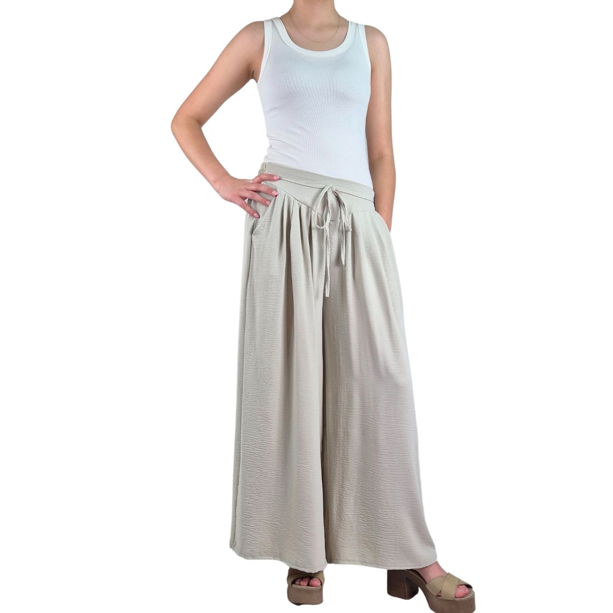 LIKE SHOP - Pantalon Palazzo Algodon Mujer Tipo Lino Casual Playero 3001