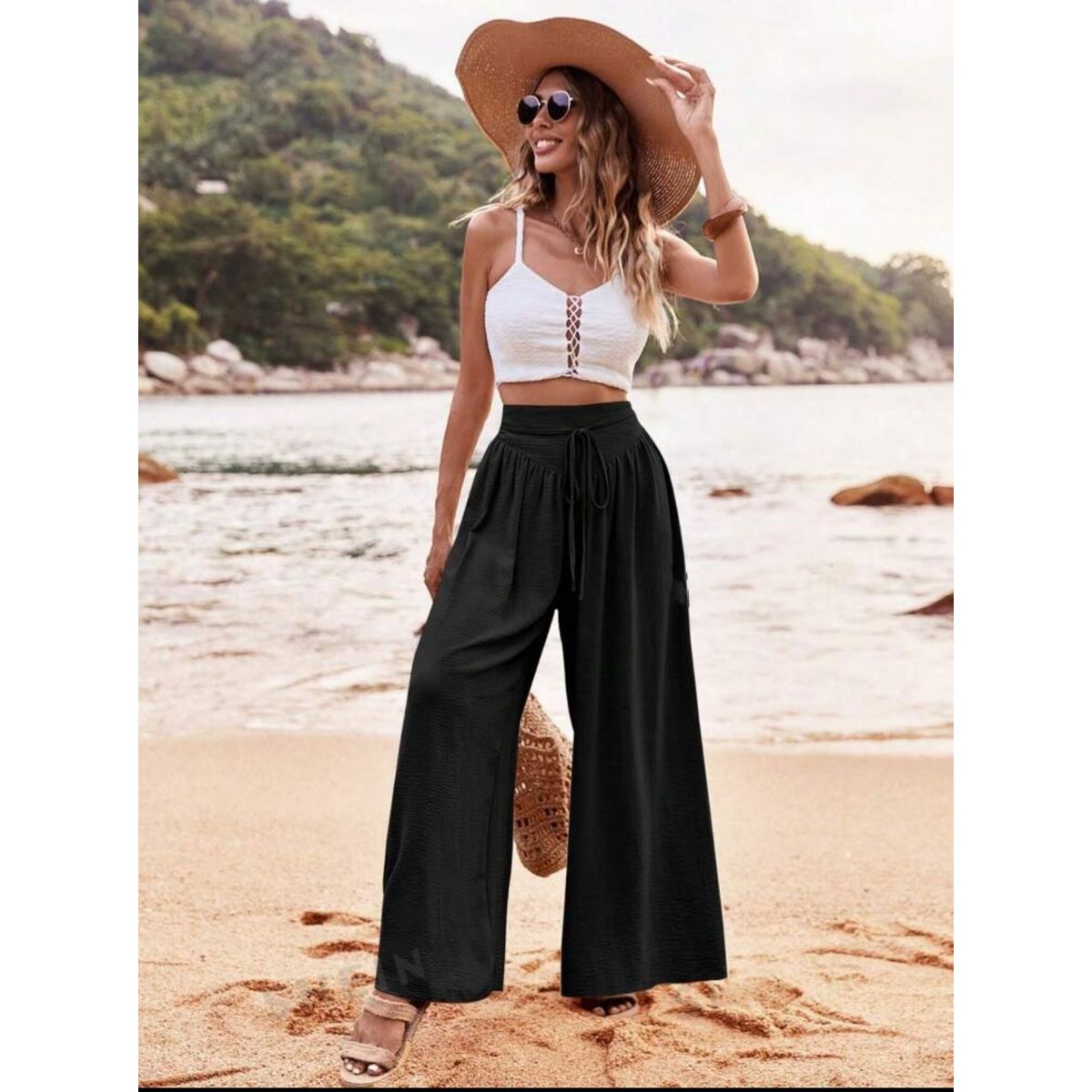 LIKE SHOP - Pantalon Palazzo Algodon Mujer Tipo Lino Casual Playero 3001