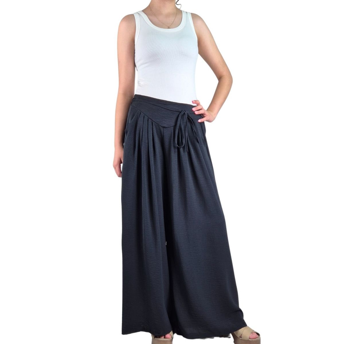 LIKE SHOP - Pantalon Palazzo Algodon Mujer Tipo Lino Casual Playero 3001
